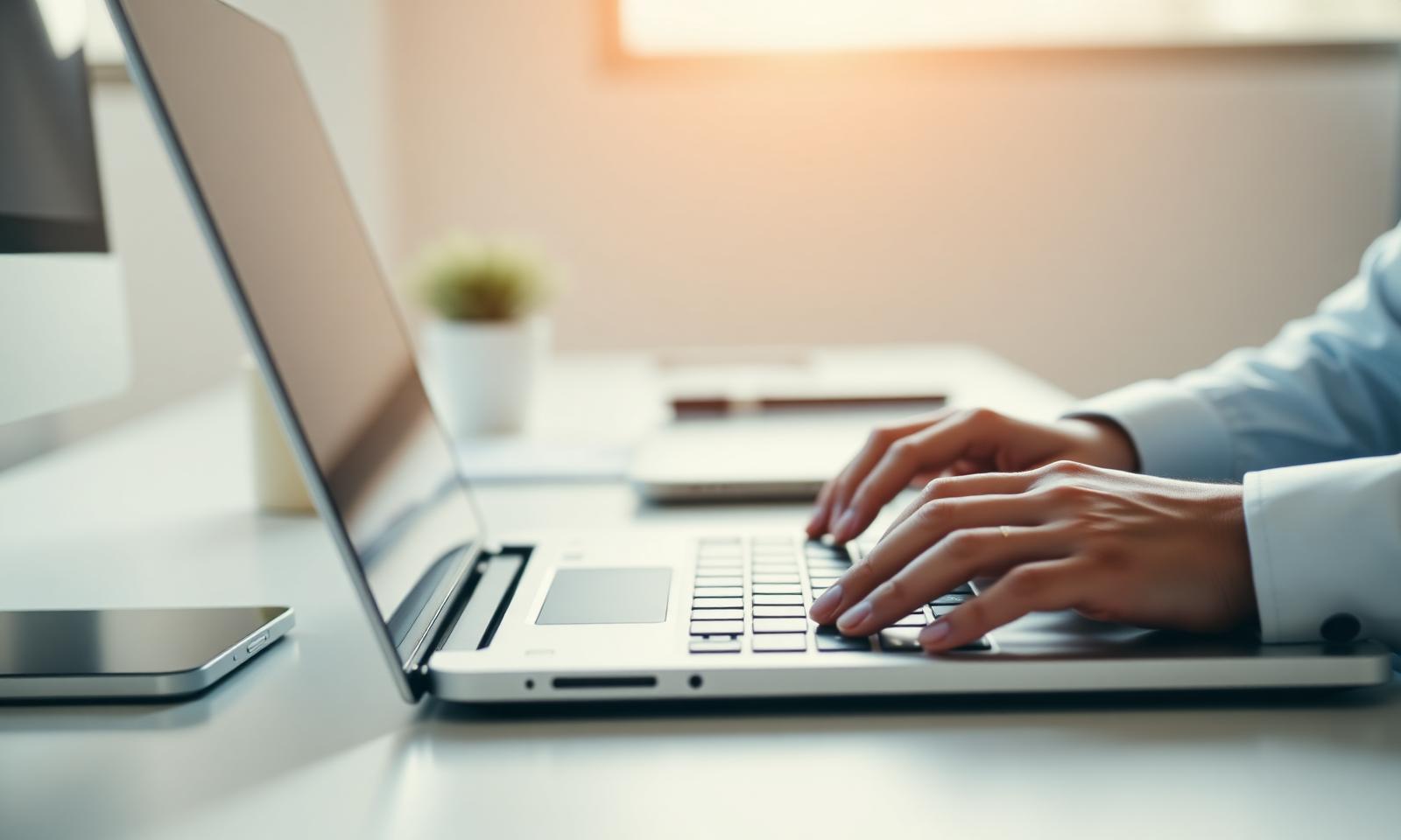 Profissional digitando em notebook em ambiente corporativo